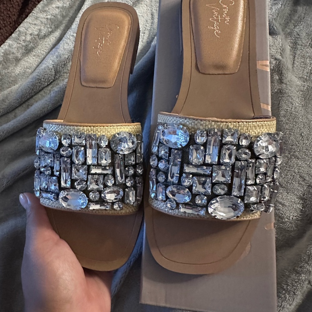 Crown Vintage Tan Slide Mules with Crystal Embellishment